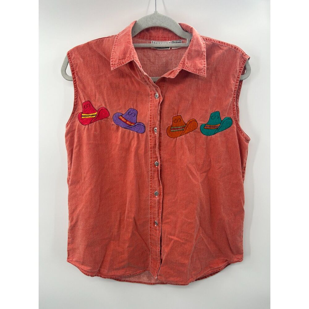 Vtg 90s Western Sleeveless Denim Shirt Coral Red Embroidered Cowboy Hat M Cotton